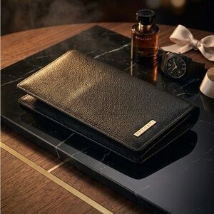 Authentic BVLGARI Black Grained Leather Continental Wallet Silver Logo